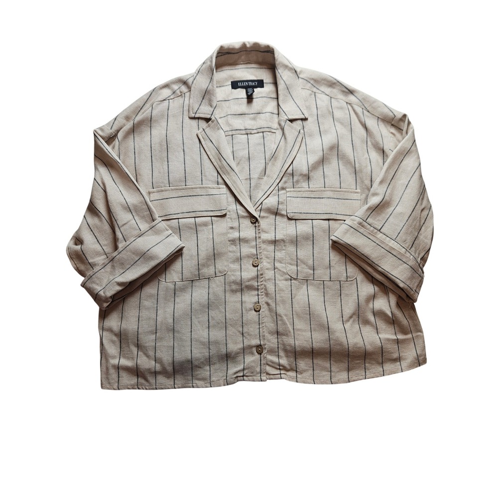 Ellen Tracy Beige Pinstripe Linen Blend Button Down Shirt Medium ETWS5065